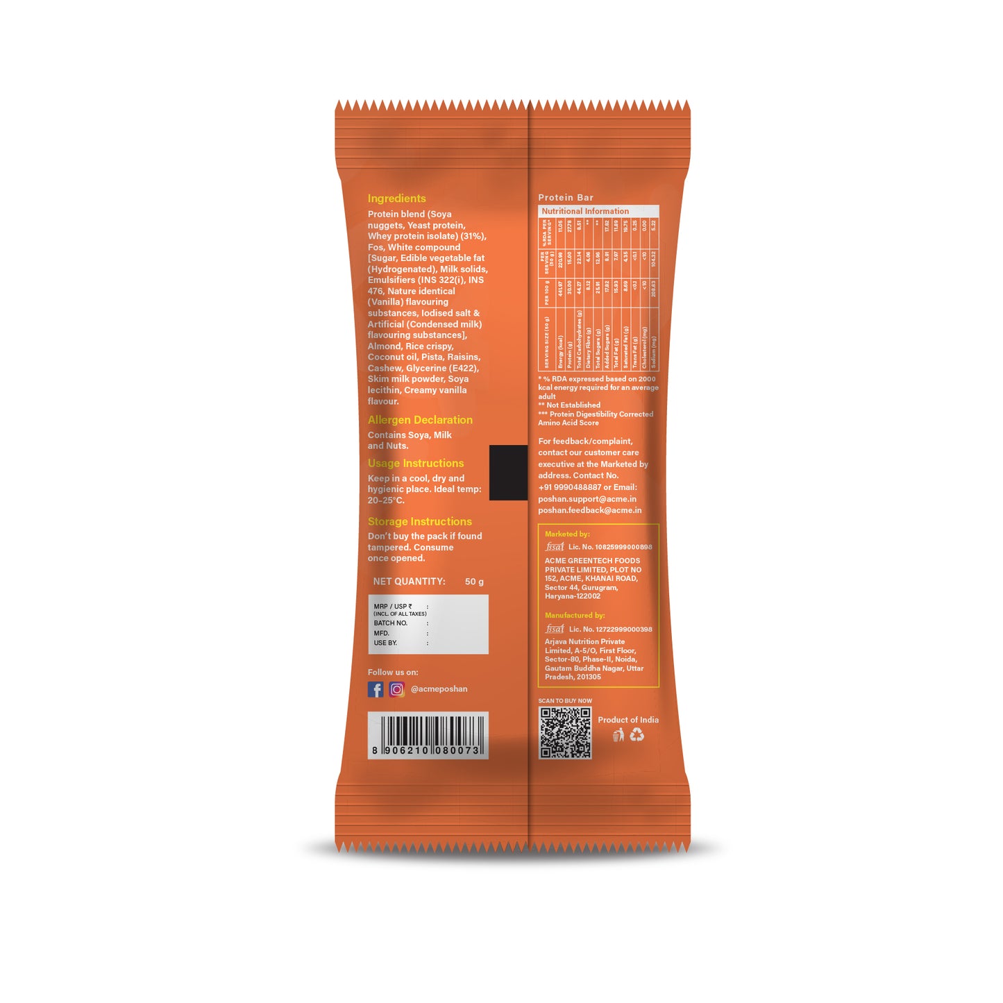 Protein Bar White Chocolate and Dry Fruits 50gms, 15gms protein-Pack of 6
