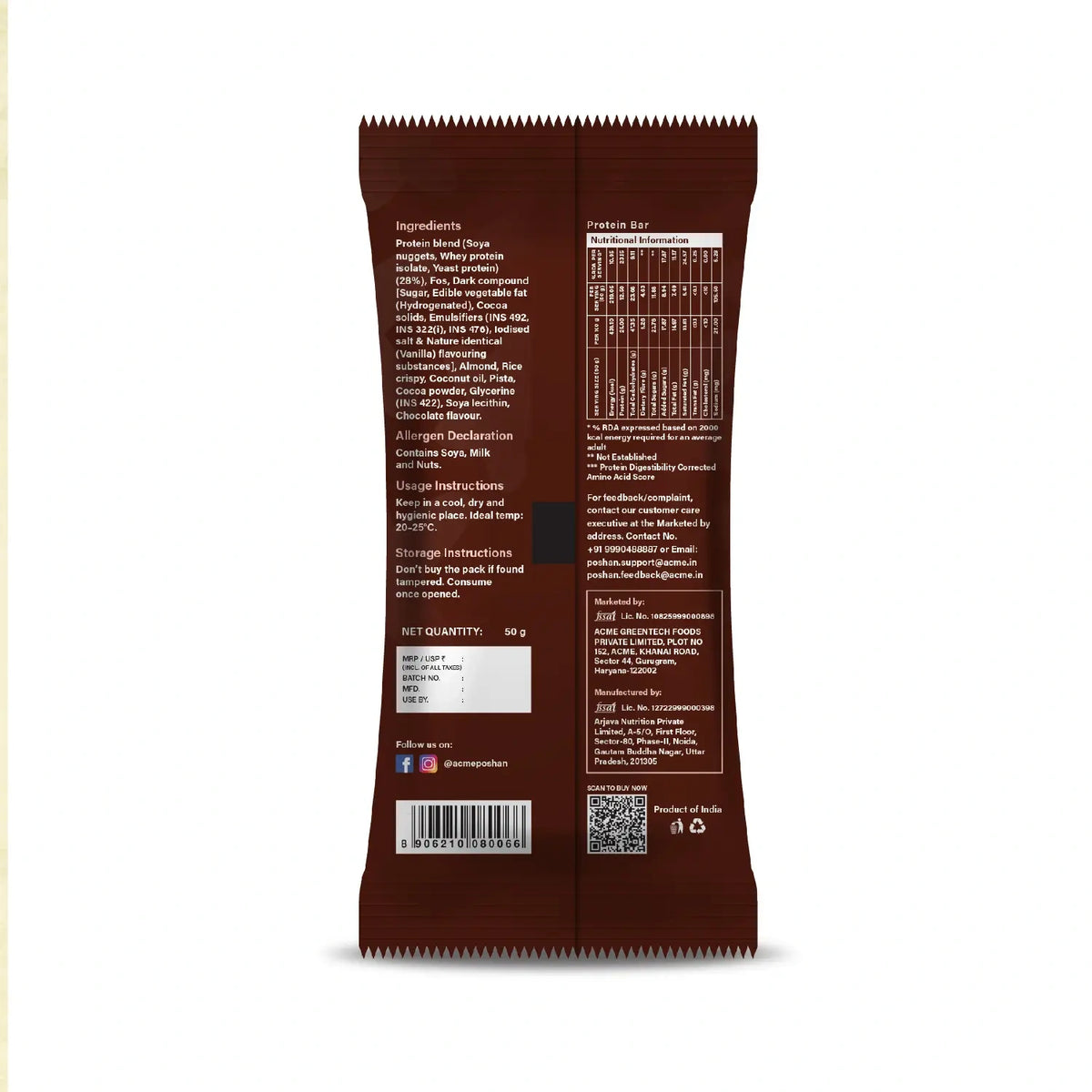 Protein Bar Dark Chocolate and Dry Fruits 50gms, 12.5gms protein