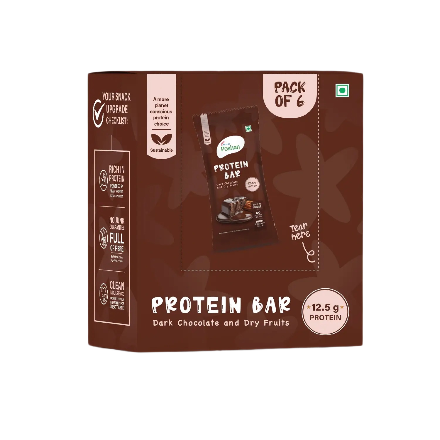 Protein Bar Dark Chocolate and Dry Fruits 50gms, 12.5gms protein-Pack of 6