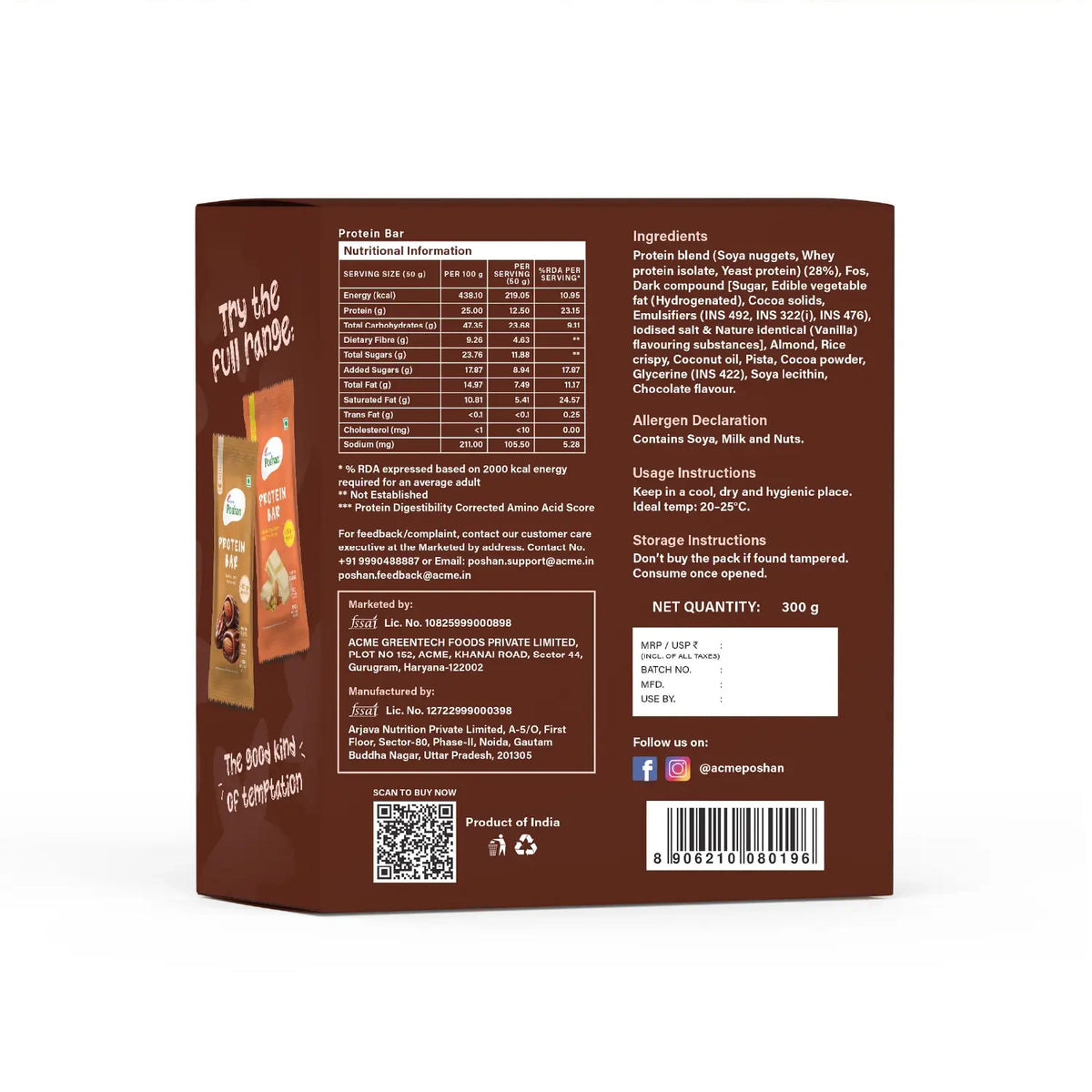 Protein Bar Dark Chocolate and Dry Fruits 50gms, 12.5gms protein-Pack of 6