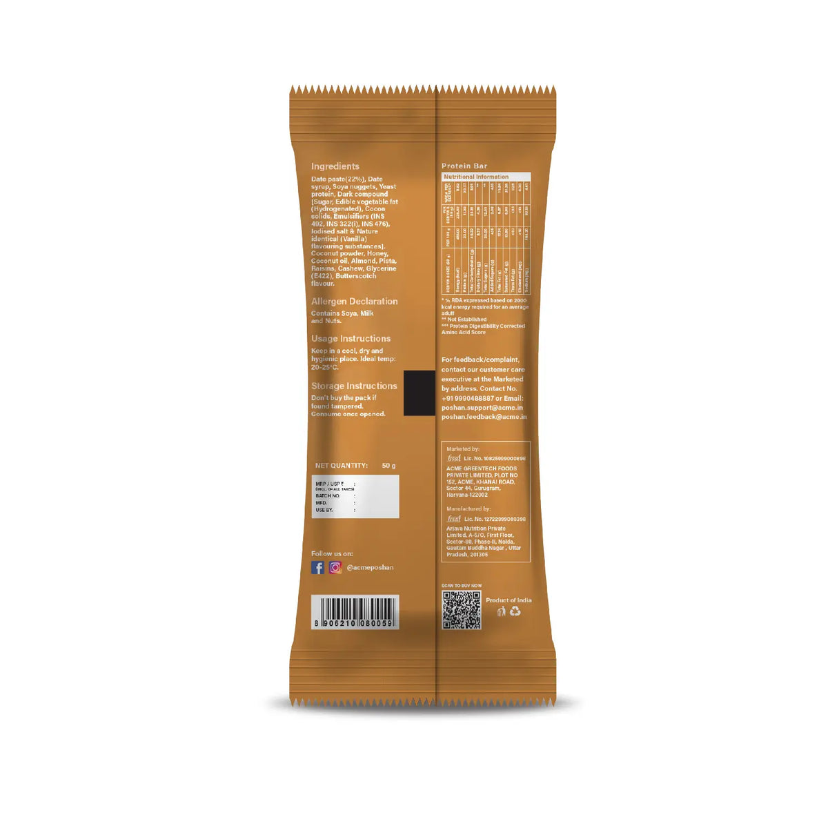 Protein Bar Dates and Almonds 50gms, 10gms protein