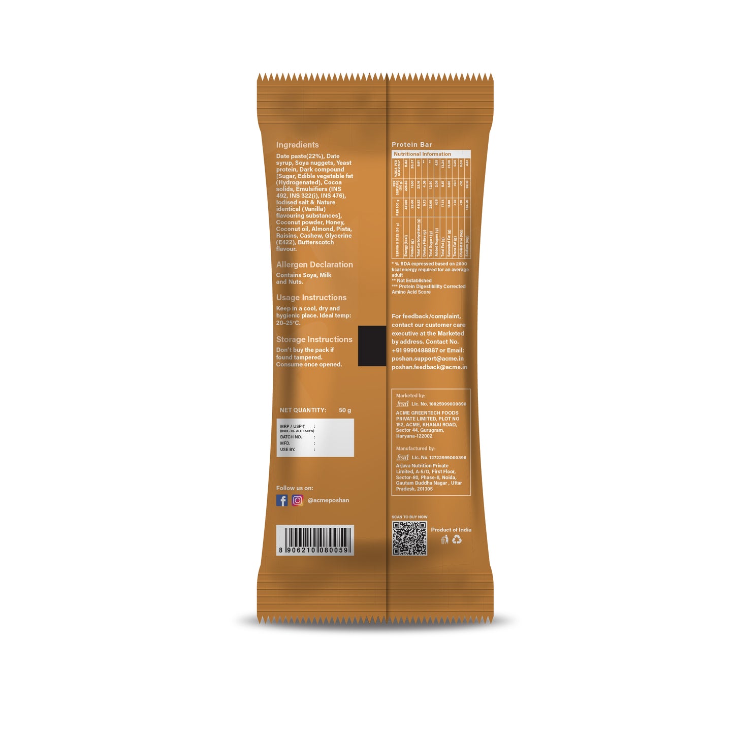 Protein Bar Dates and Almonds 50gms,10gm protein-Pack of 6
