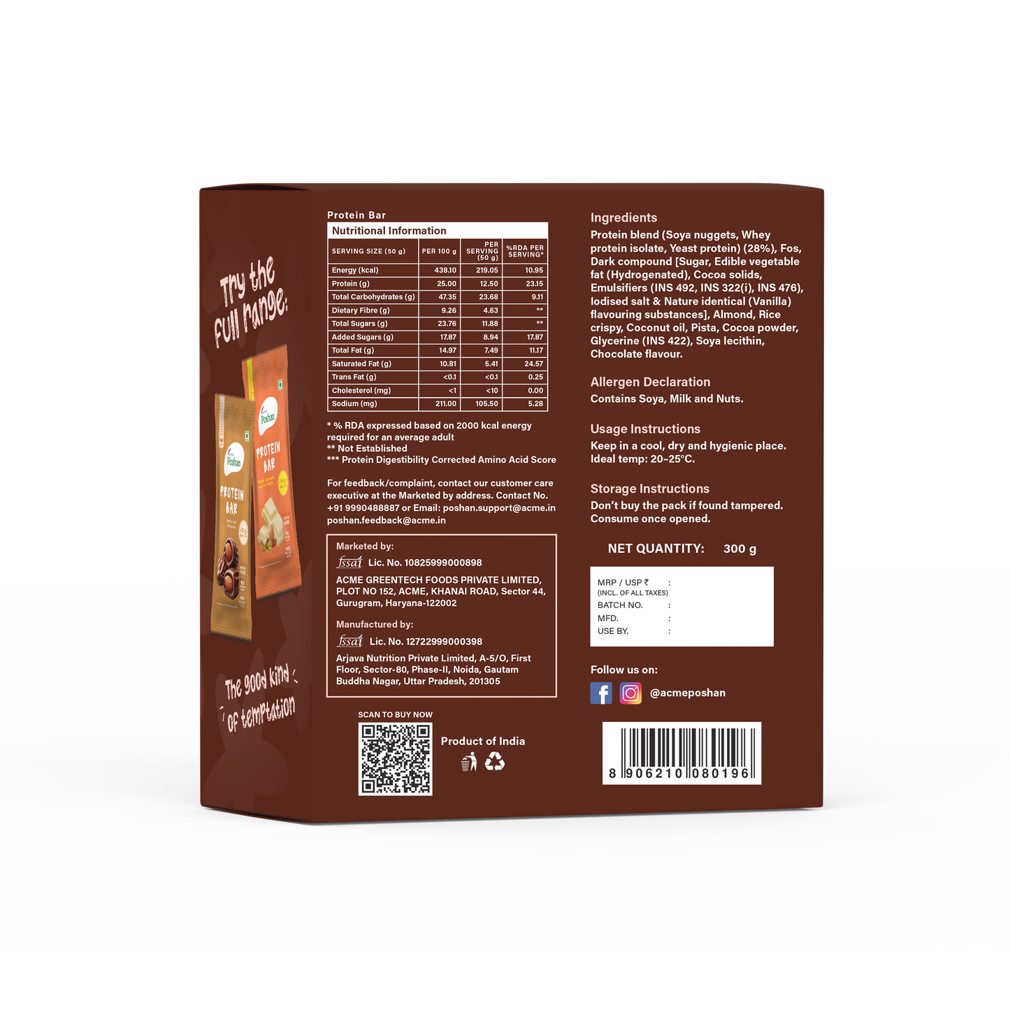 Protein Bar Dark Chocolate and Dry Fruits 50gms, 12.5gms protein-Pack of 6
