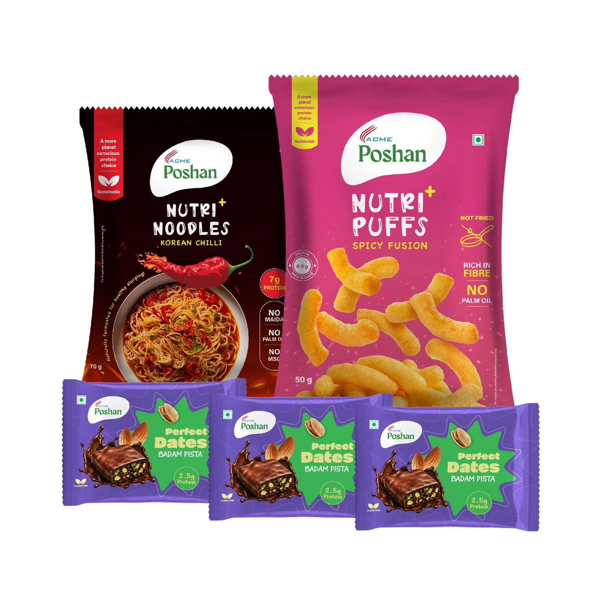 Perfect Dates Badam Pista 3 ( 60gms) +Korean noodles 70gms+ Spicy Fusion puff 50gms
