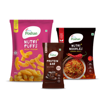 Protein Bar Dark chocolate 50gm+ Korean Noodles 70 gms + Spicy Fusion Puff 50 gms