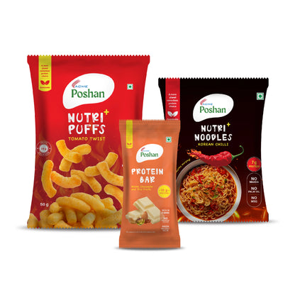 Protein Bar white chocolate 50gm+ Korean Noodles 70 gms + Tomato Puff 50 gms