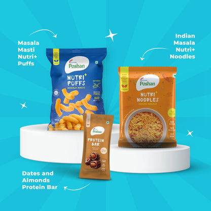 Protein Bar Date & Almonds 50gm+ Masala Noodles 70 gms + Masala Puff 50 gms