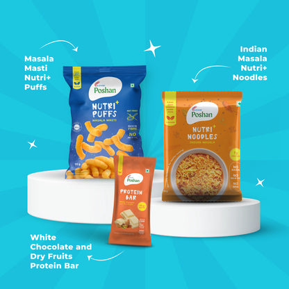 Protein Bar White chocolate 50gm+ Masala Noodles 70 gms + Masala Puff 50 gms