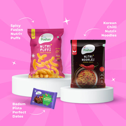 Perfect Dates Badam Pista 3 ( 60gms) +Korean noodles 70gms+ Spicy Fusion puff 50gms