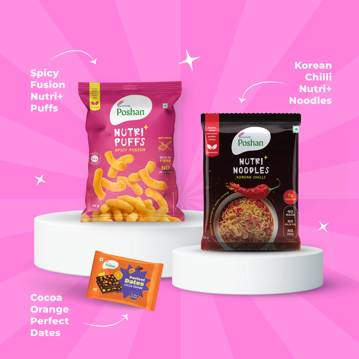 Perfect Dates Cocoa Orange 3 ( 60gms) +Korean noodles 70gms+ Spicy Fusion puff 50gms