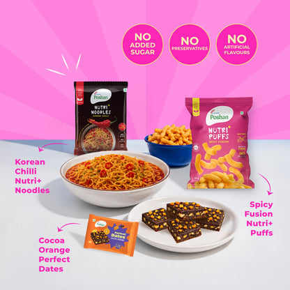 Perfect Dates Cocoa Orange 3 ( 60gms) +Korean noodles 70gms+ Spicy Fusion puff 50gms