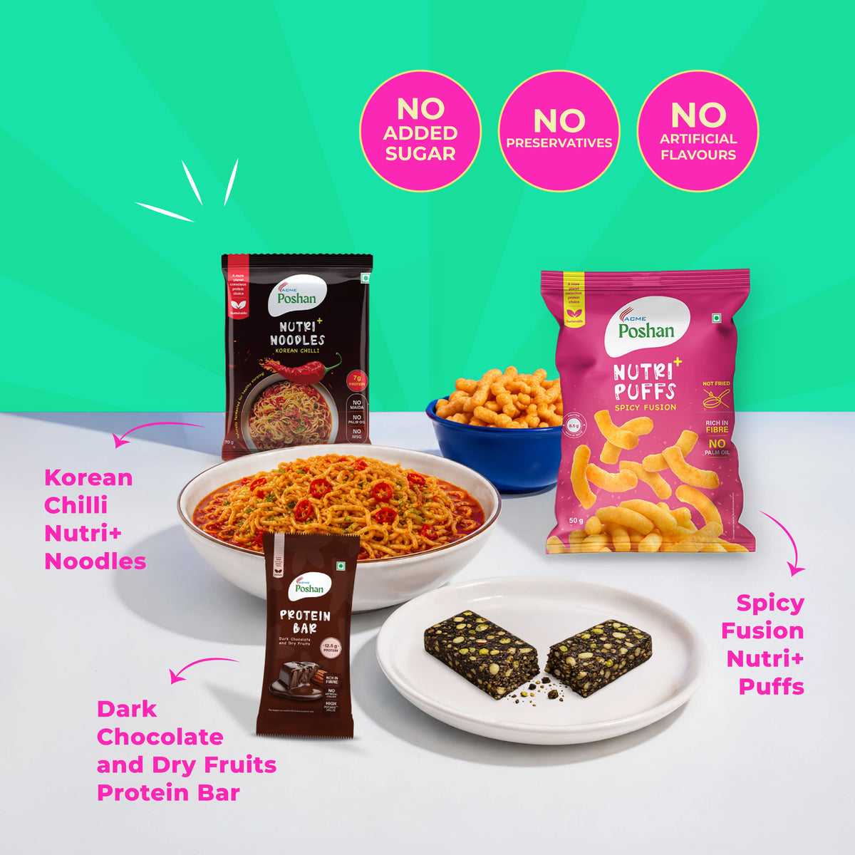 Protein Bar Dark chocolate 50gm+ Korean Noodles 70 gms + Spicy Fusion Puff 50 gms
