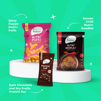 Protein Bar Dark chocolate 50gm+ Korean Noodles 70 gms + Spicy Fusion Puff 50 gms