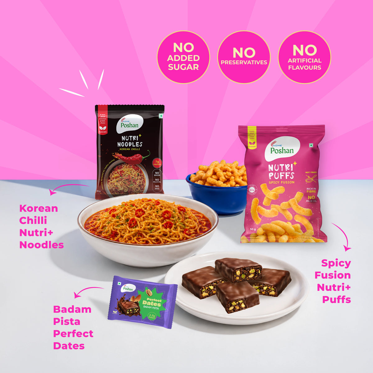 Perfect Dates Badam Pista 3 ( 60gms) +Korean noodles 70gms+ Spicy Fusion puff 50gms