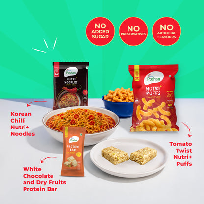 Protein Bar white chocolate 50gm+ Korean Noodles 70 gms + Tomato Puff 50 gms