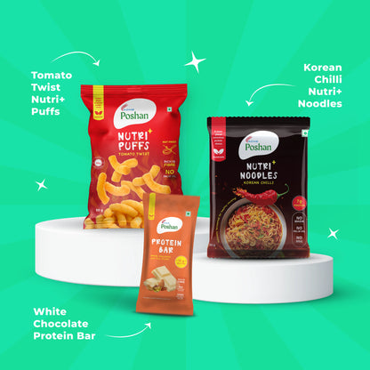 Protein Bar white chocolate 50gm+ Korean Noodles 70 gms + Tomato Puff 50 gms