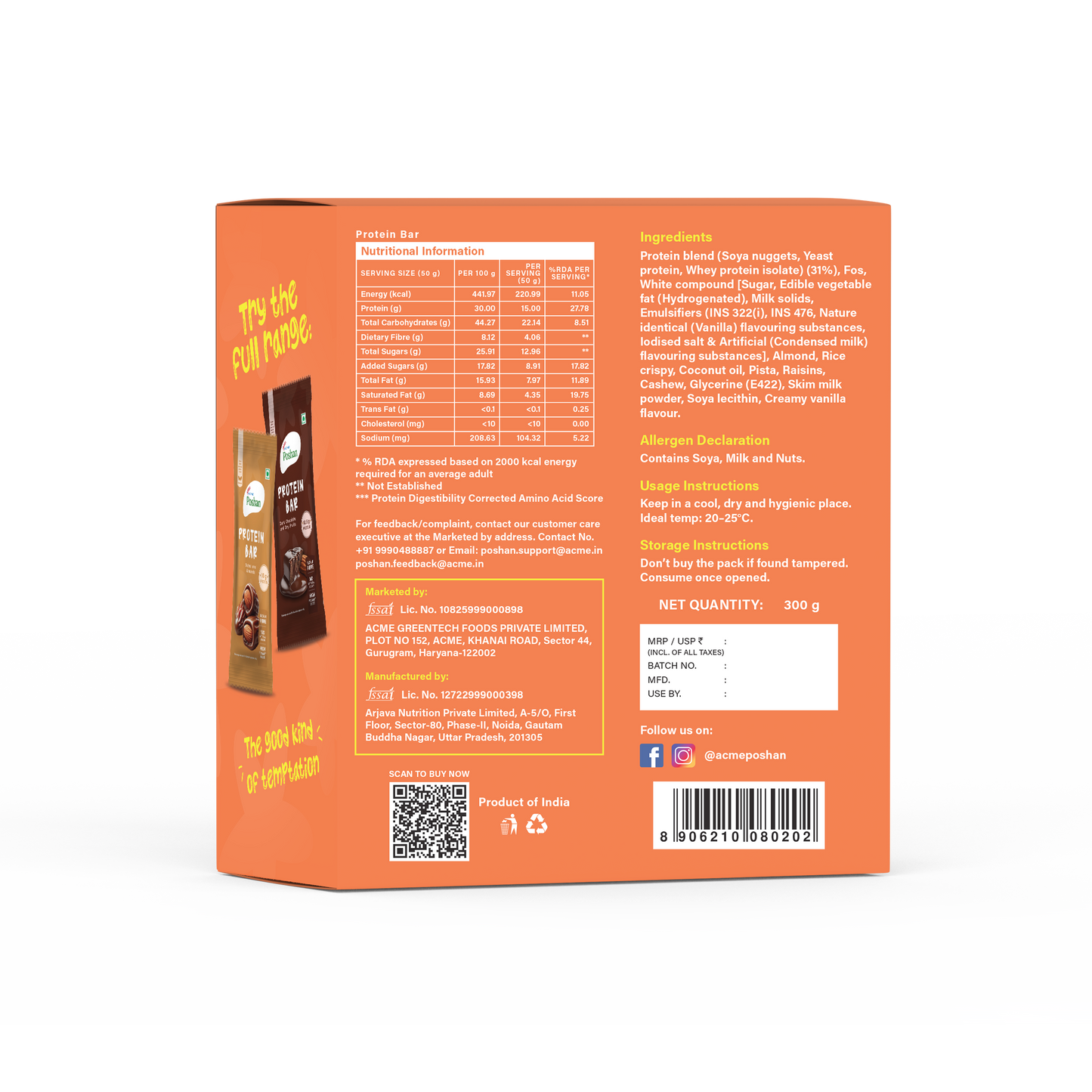 Protein Bar White Chocolate and Dry Fruits 50gms, 15gms protein-Pack of 6